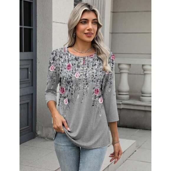 Women’s 3/4 Sleeve Crew Neck Blouse Casual Summer Work Top - Picture 4 of 5